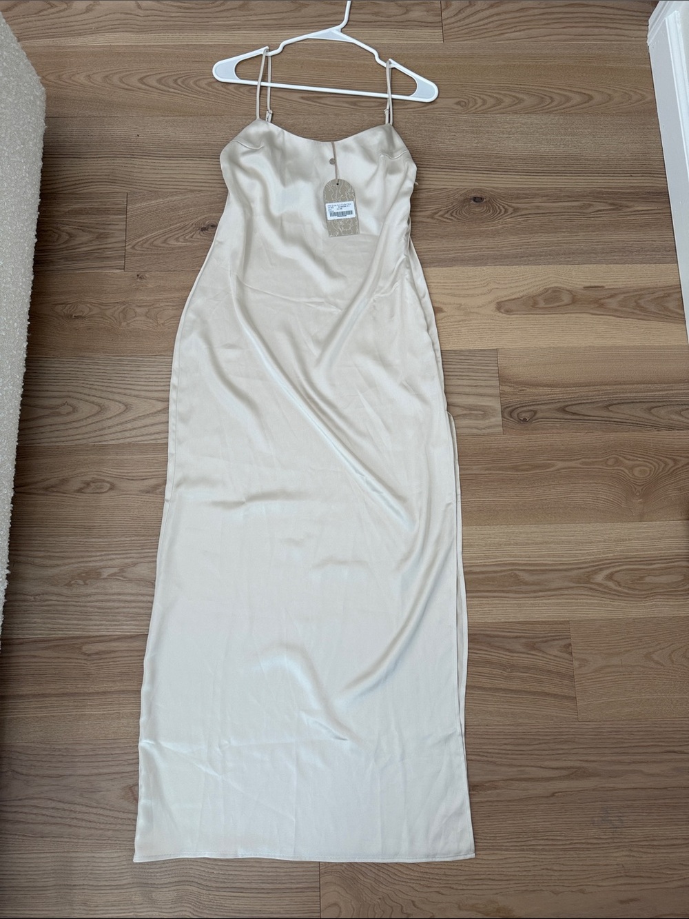 Meshki Cream Satin Maxi Slip Dress | Side Slit